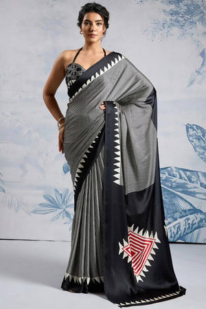 Black Printed Satin Saree (Sudha-211-C)
