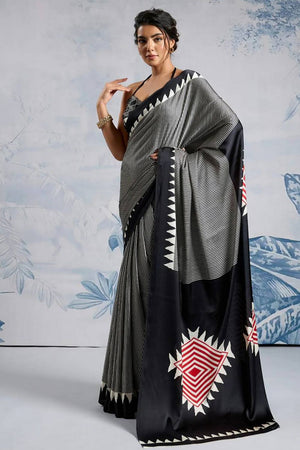 Black Printed Satin Saree (Sudha-211-C)