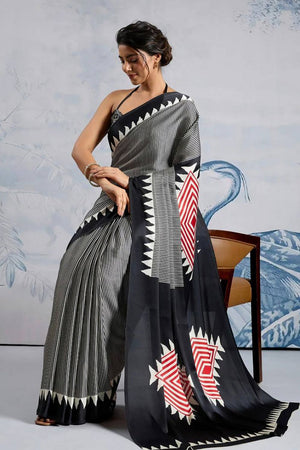 Black Printed Satin Saree (Sudha-211-C)