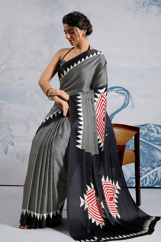 Black Printed Satin Saree (Sudha-211-C)