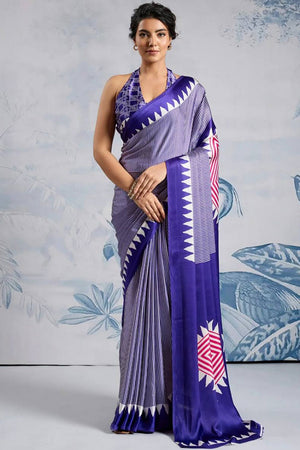 Blue Printed Satin Saree (Sudha-211-D)