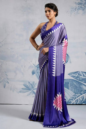 Blue Printed Satin Saree (Sudha-211-D)