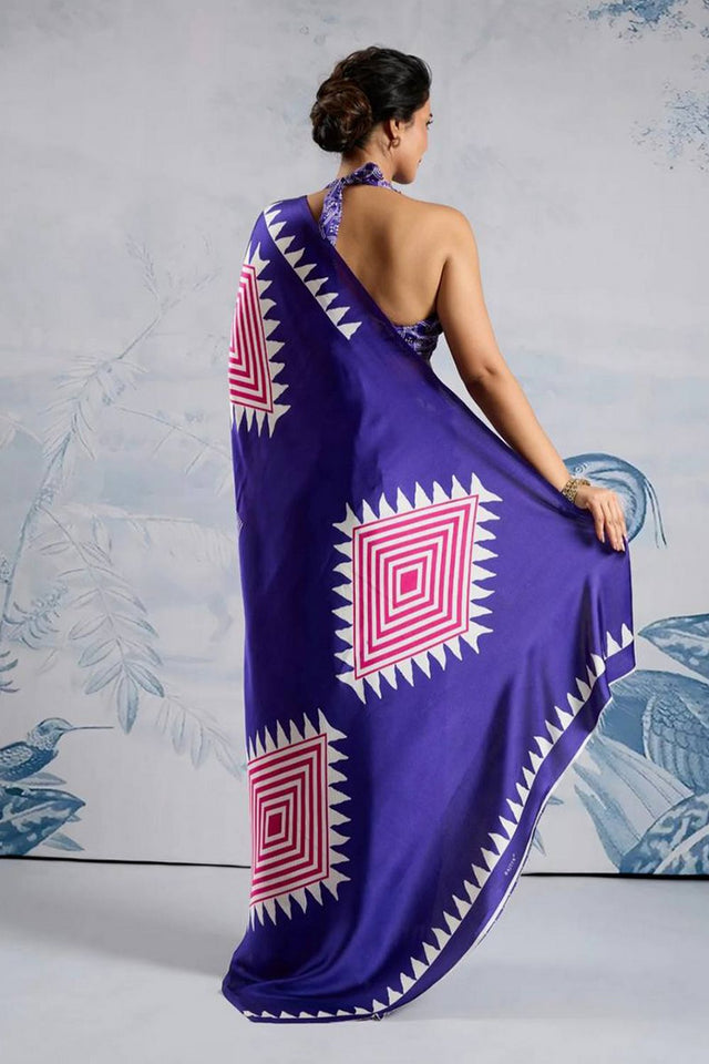 Blue Printed Satin Saree (Sudha-211-D)