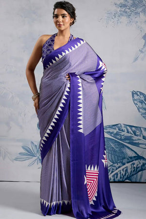 Blue Printed Satin Saree (Sudha-211-D)