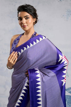 Blue Printed Satin Saree (Sudha-211-D)