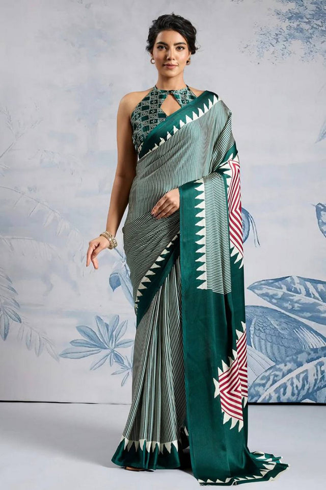 Green Printed Satin Saree (Sudha-211-E)