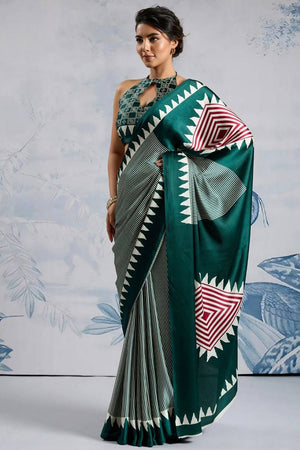 Green Printed Satin Saree (Sudha-211-E)
