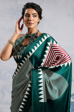 Green Printed Satin Saree (Sudha-211-E)