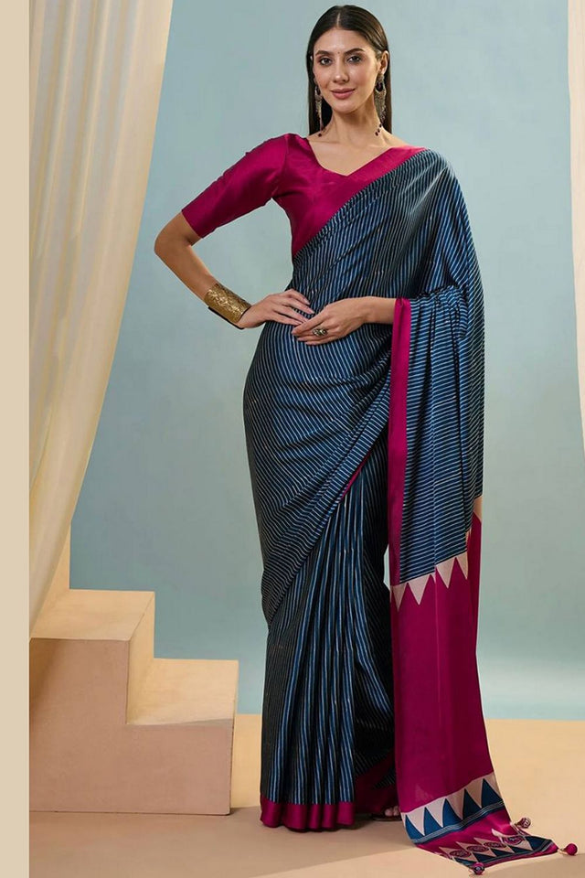 Blue Printed Satin Saree (Sudha-212-A)