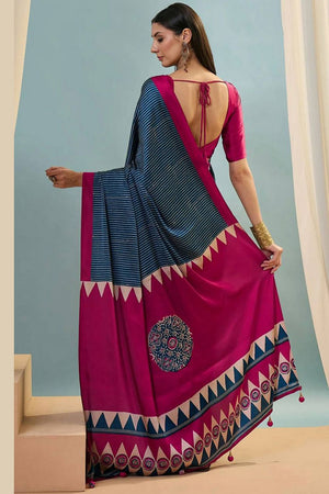 Blue Printed Satin Saree (Sudha-212-A)