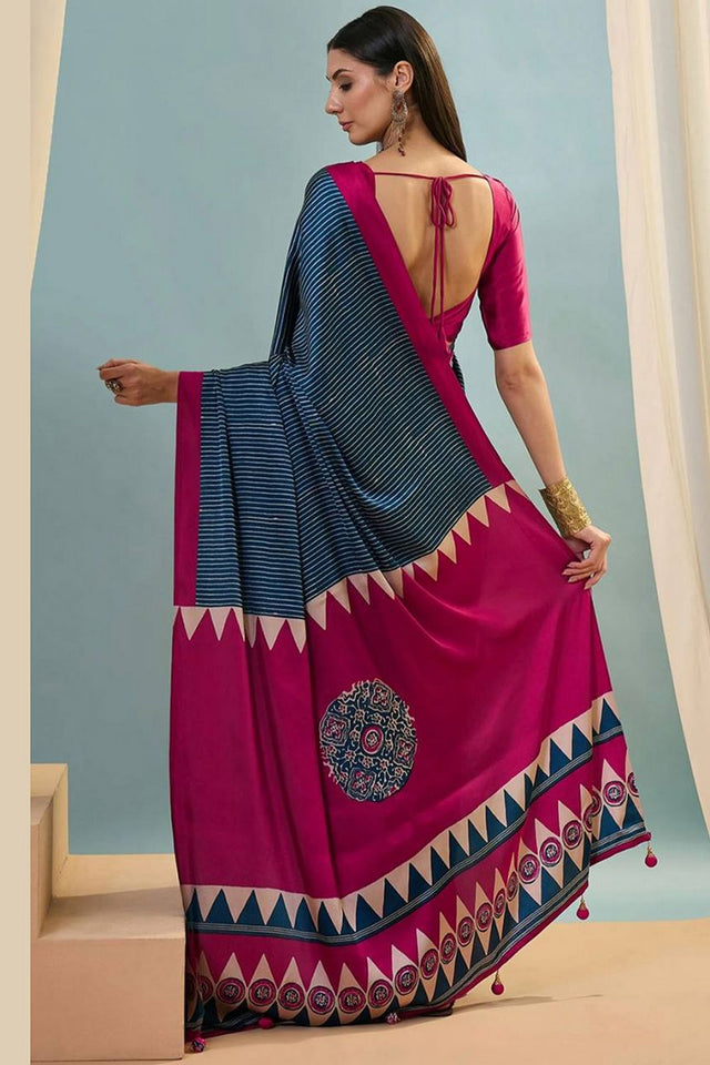 Blue Printed Satin Saree (Sudha-212-A)