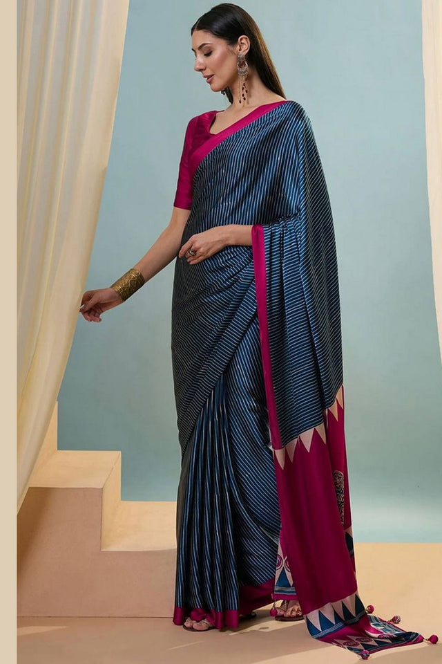 Blue Printed Satin Saree (Sudha-212-A)
