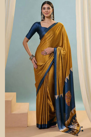 Mustard Printed Satin Saree (Sudha-212-B)