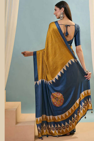 Mustard Printed Satin Saree (Sudha-212-B)