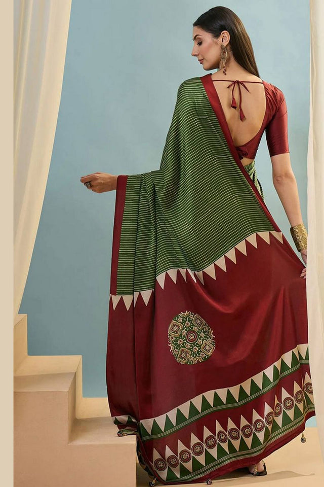 Green Printed Satin Saree (Sudha-212-C)