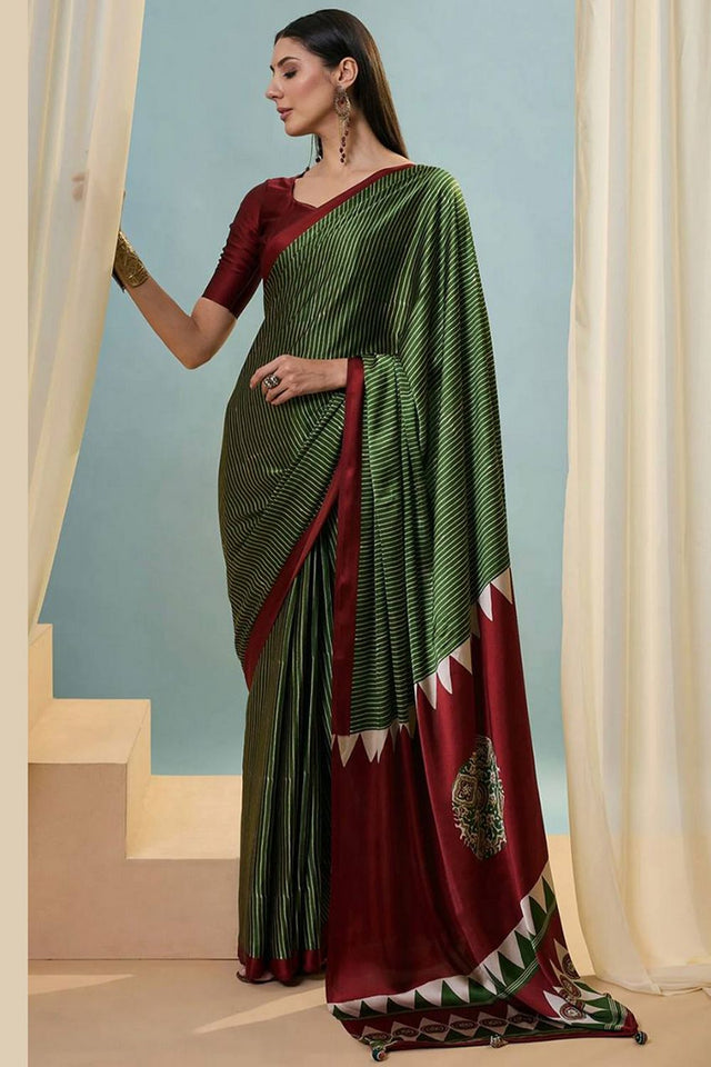 Green Printed Satin Saree (Sudha-212-C)
