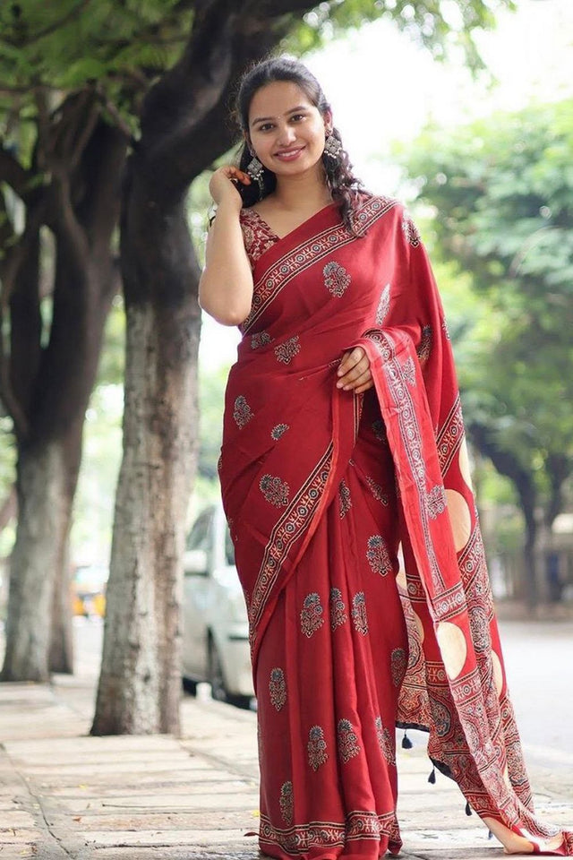 Red Printed Satin Saree (Sudha-213)
