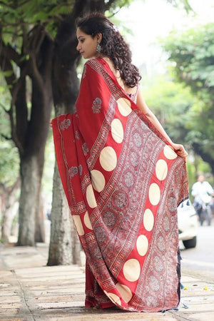 Red Printed Satin Saree (Sudha-213)