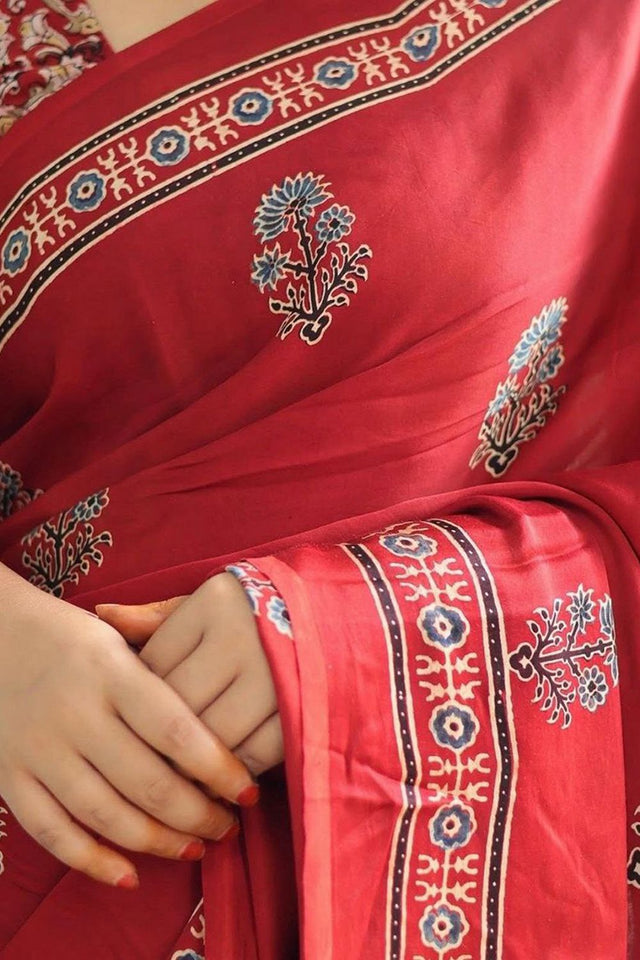 Red Printed Satin Saree (Sudha-213)