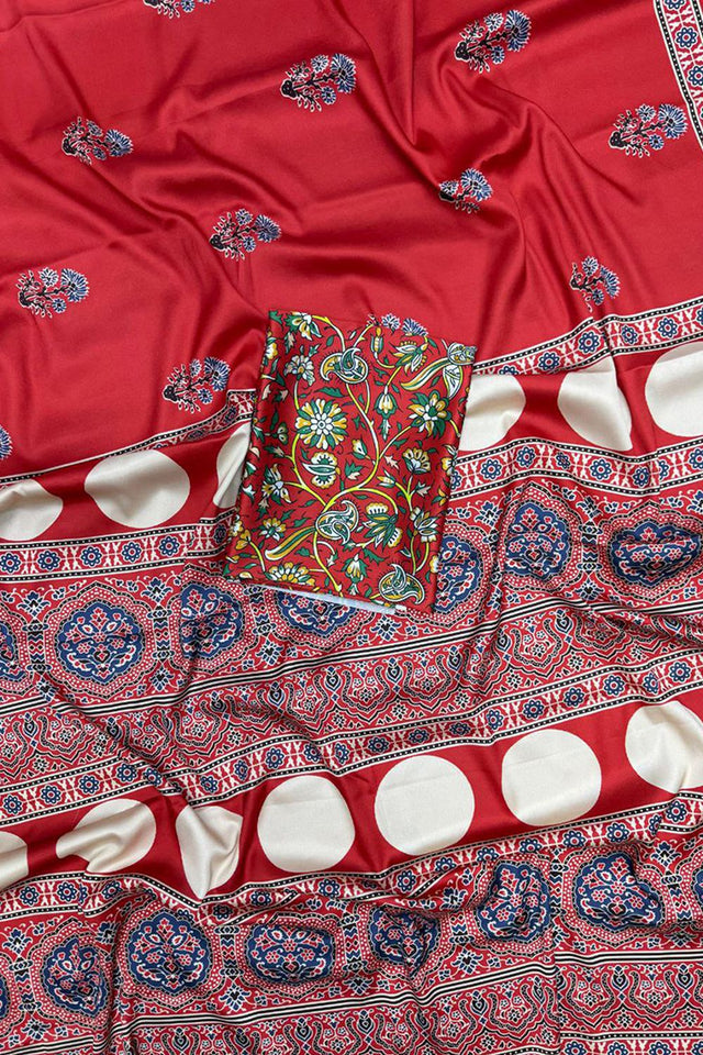 Red Printed Satin Saree (Sudha-213)