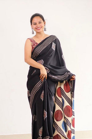 Black Printed Satin Saree (Sudha-214)