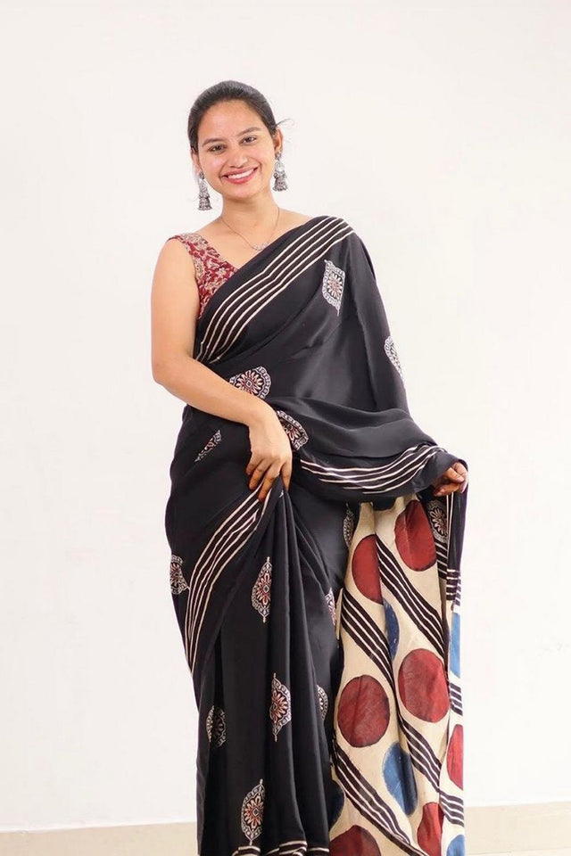 Black Printed Satin Saree (Sudha-214)