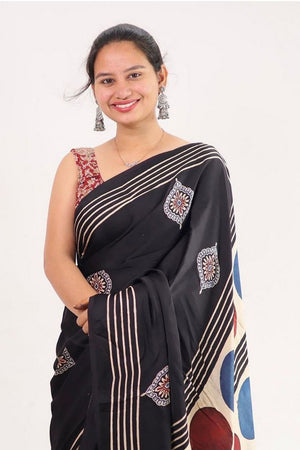 Black Printed Satin Saree (Sudha-214)