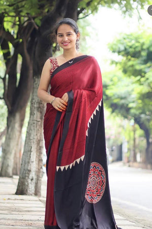 Maroon Printed Satin Saree (Sudha-215)