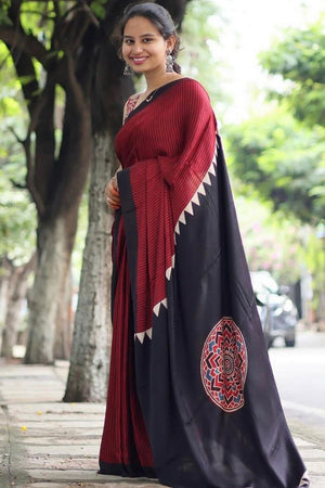 Maroon Printed Satin Saree (Sudha-215)
