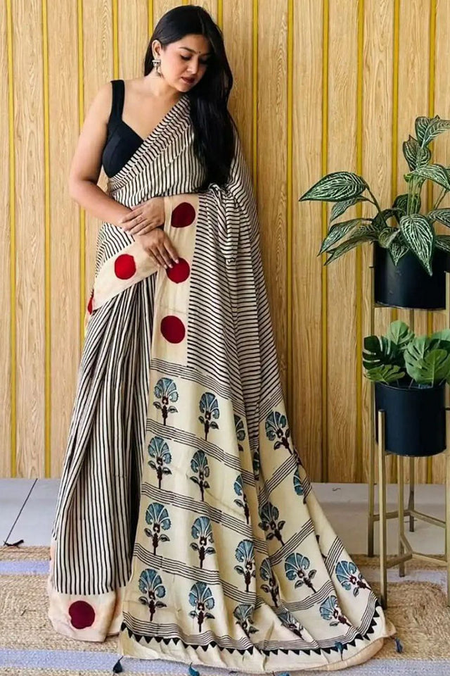 Off White Printed Satin Saree (Sudha-216)