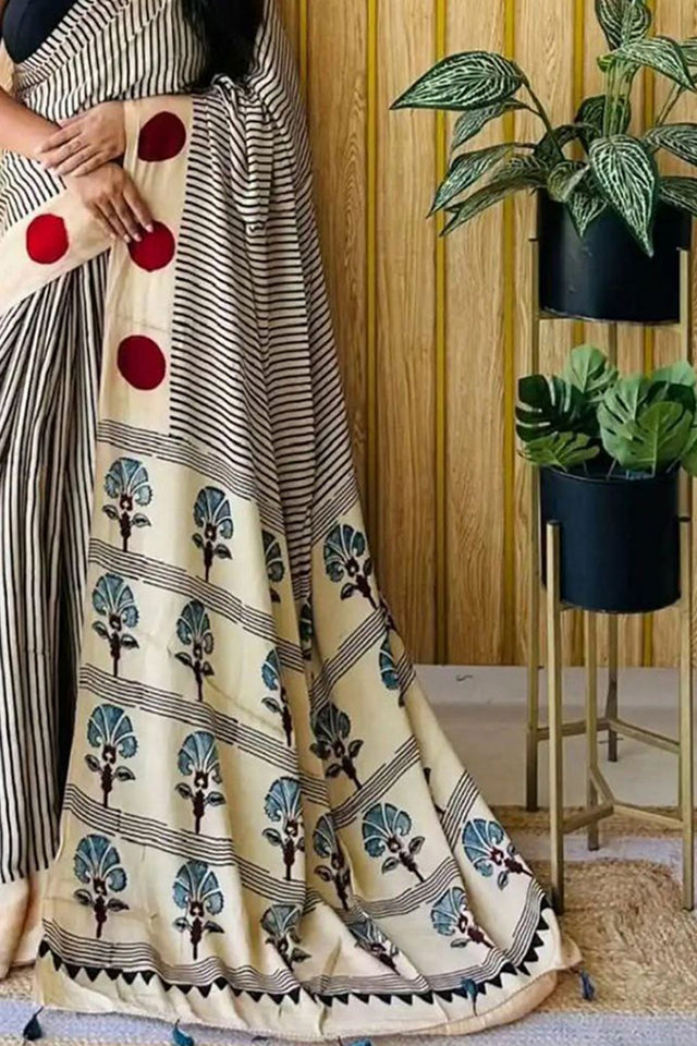 Off White Printed Satin Saree (Sudha-216)