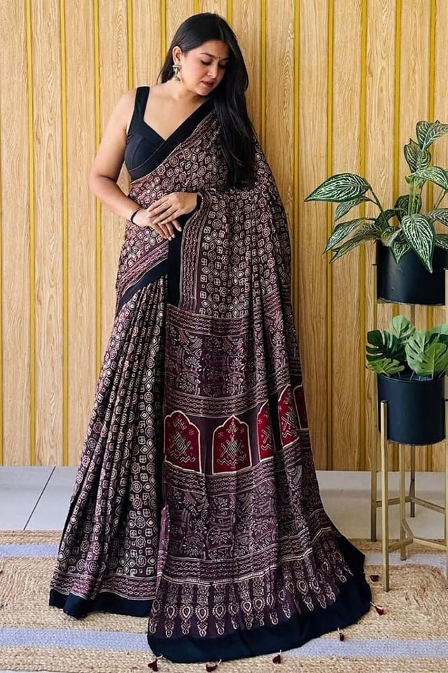 Black Printed Satin Saree (Sudha-217)