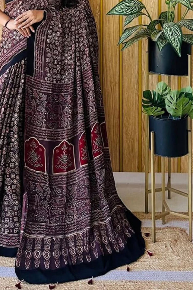 Black Printed Satin Saree (Sudha-217)