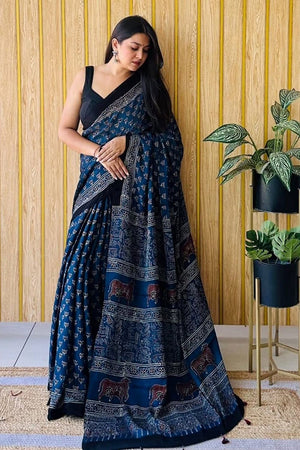 Blue Printed Satin Saree (Sudha-218)