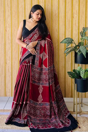 Maroon Printed Satin Saree (Sudha-219)