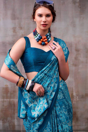 Light Blue Printed Satin Saree (Sudha-228)