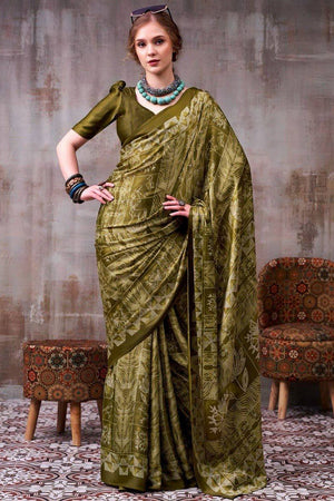 Olive Green Printed Satin Saree (Sudha-229)