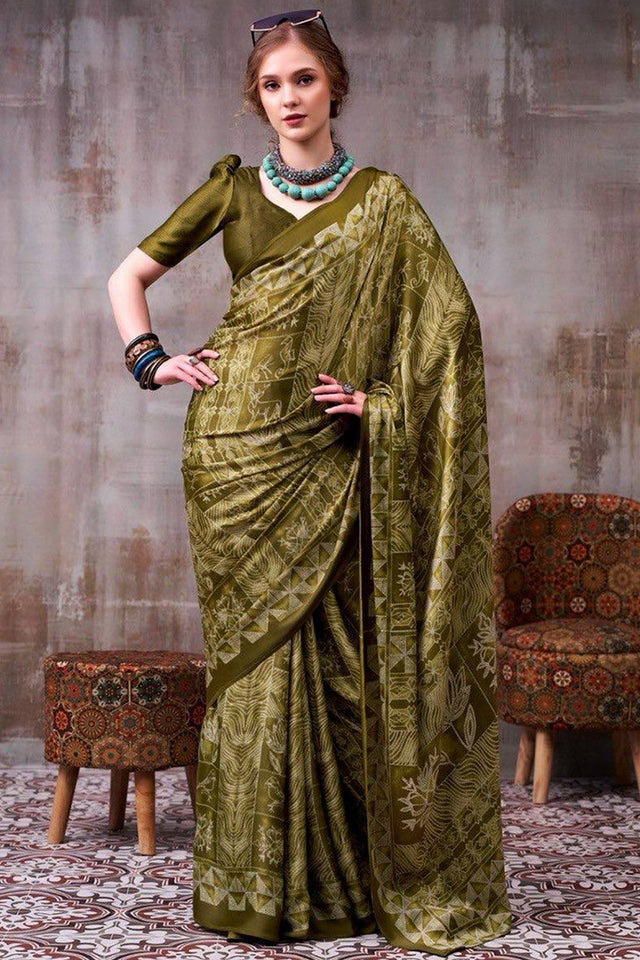 Olive Green Printed Satin Saree (Sudha-229)