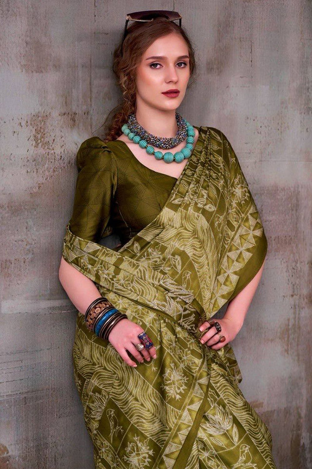 Olive Green Printed Satin Saree (Sudha-229)