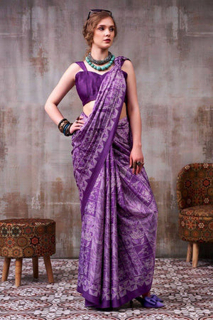 Violet Printed Satin Saree (Sudha-231)