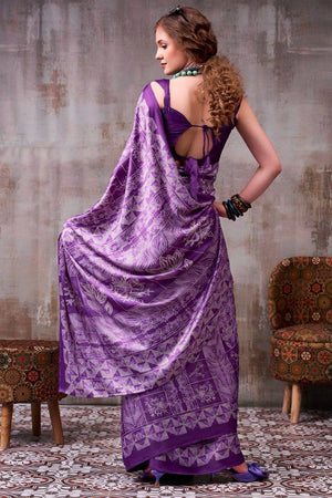 Violet Printed Satin Saree (Sudha-231)