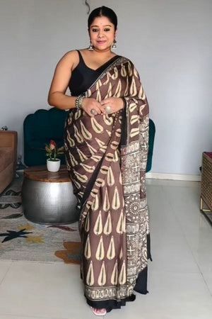 Brown Printed Satin Saree (Sudha-232)