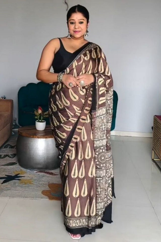 Brown Printed Satin Saree (Sudha-232)