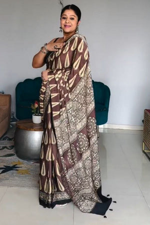 Brown Printed Satin Saree (Sudha-232)