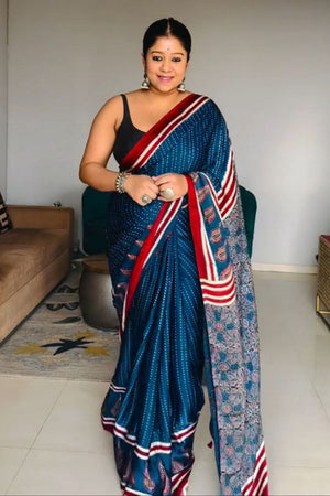 Blue Printed Satin Saree (Sudha-233)