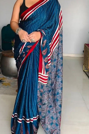Blue Printed Satin Saree (Sudha-233)