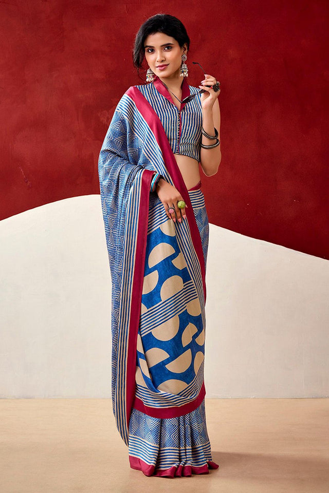 Light Blue Printed Satin Saree (Sudha-235)