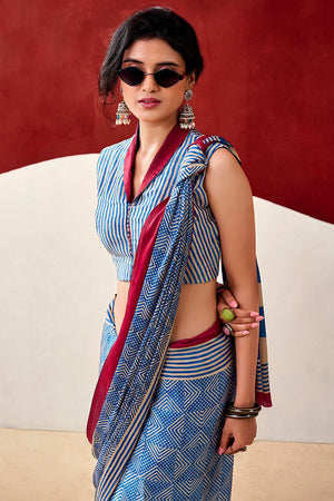 Light Blue Printed Satin Saree (Sudha-235)