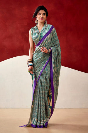 Turquoise Printed Satin Saree (Sudha-236)