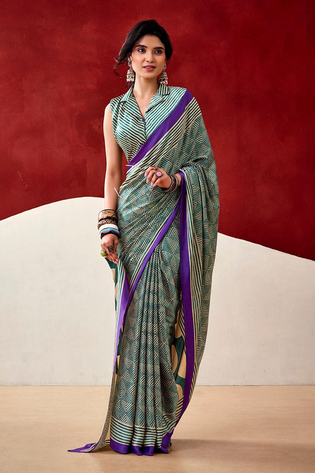 Turquoise Printed Satin Saree (Sudha-236)